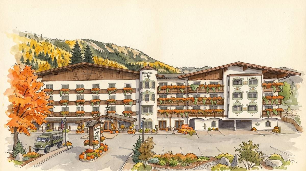 Watercolor of the Bavarian Lodge in fall